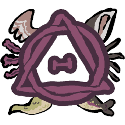 a combination of the greek letters 'theta' (a circle with a line inside it) and 'delta' (a triangle). the circle part of the theta and the delta appear woven together. attached to the theta delta is a brown and white feathered wing, a brown cat-like ear, four brown spider-like legs, a fish tail, a scaled reptile tail, and feathery mudpuppy gills.